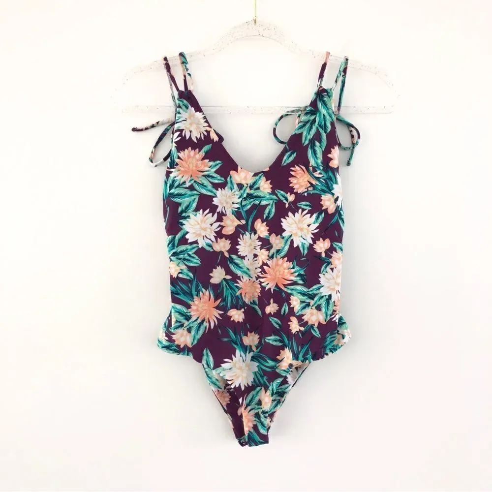 Tori Praver Swimwear Purple Tropical Floral Tie-Shoulder One-Piece